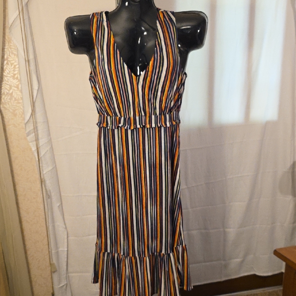 Blue and Orange Sleeveless V-Neck Midi Sundress